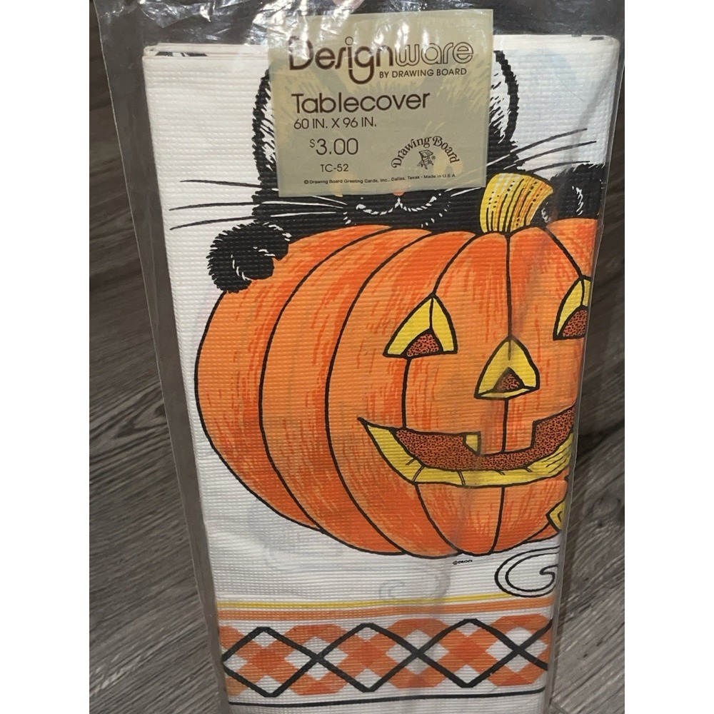 Vintage Halloween Paper Table Cover Black Cat In A Pumpkin & Masked Mouse USA‎